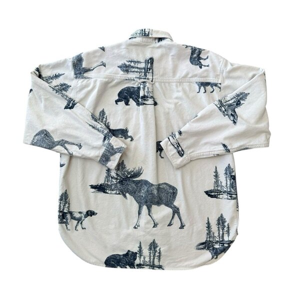 Vtg Eddie Bauer AOP Flannel Shirt Mens Large Wild Life Graphic Ivory Long Sleeve - Picture 2 of 13